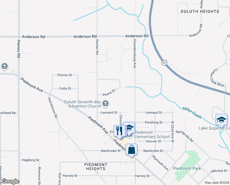 map of restaurants, bars, coffee shops, grocery stores, and more near 2514 Peace Drive in Duluth