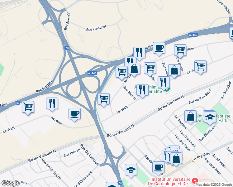 map of restaurants, bars, coffee shops, grocery stores, and more near 2750 Avenue Dalton in Québec
