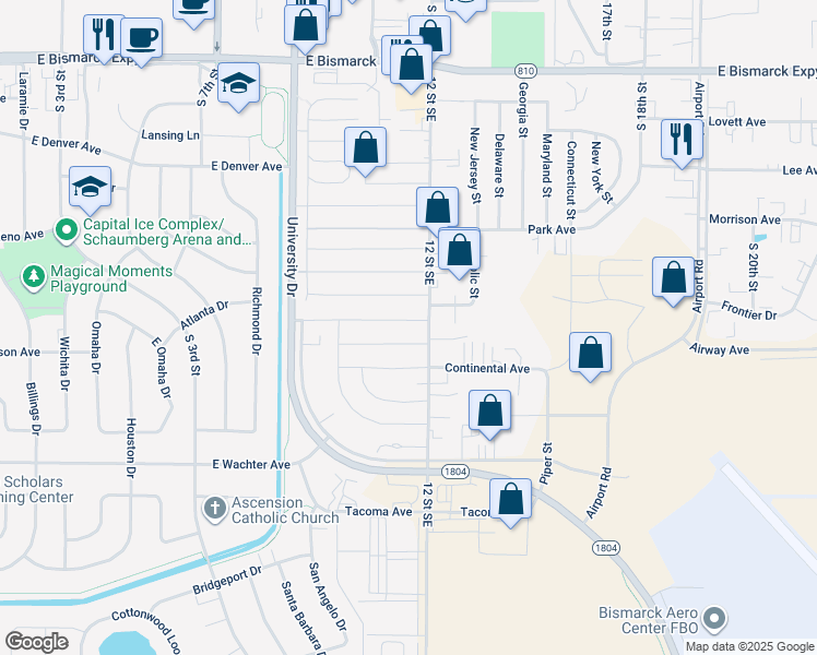 map of restaurants, bars, coffee shops, grocery stores, and more near 142 American Avenue in Bismarck