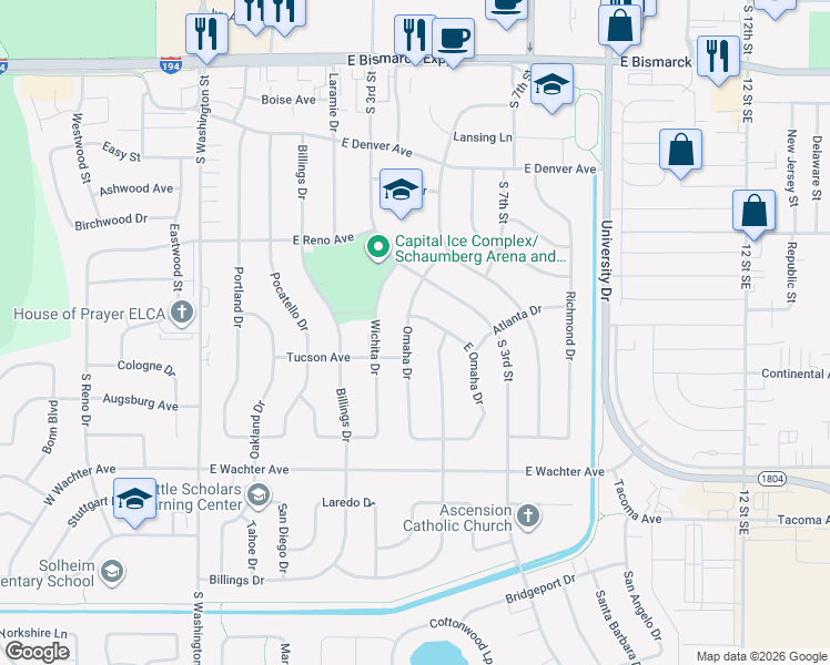 map of restaurants, bars, coffee shops, grocery stores, and more near 1537 Omaha Drive in Bismarck