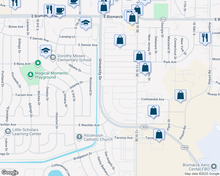 map of restaurants, bars, coffee shops, grocery stores, and more near 110 American Avenue in Bismarck