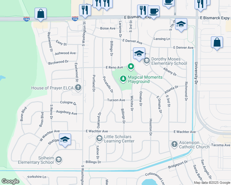 map of restaurants, bars, coffee shops, grocery stores, and more near 1522 Billings Drive in Bismarck