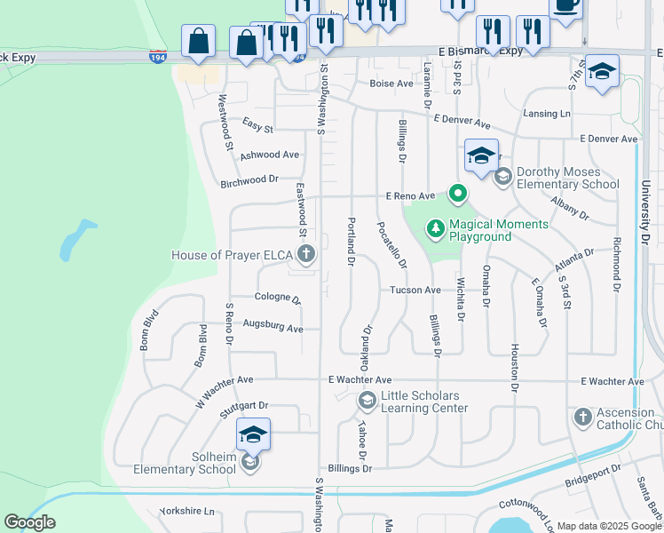 map of restaurants, bars, coffee shops, grocery stores, and more near 1517 South Washington Street in Bismarck