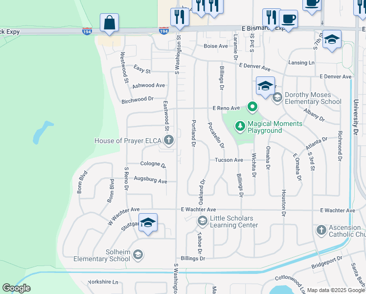 map of restaurants, bars, coffee shops, grocery stores, and more near 1517 South Washington Street in Bismarck