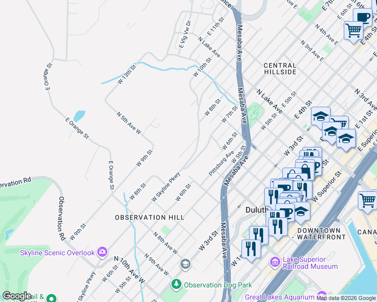 map of restaurants, bars, coffee shops, grocery stores, and more near 401 West Skyline Parkway in Duluth