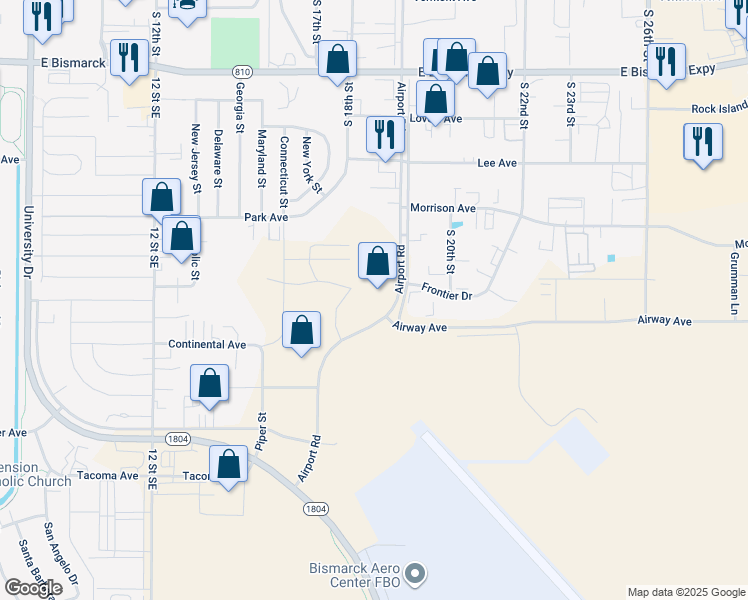 map of restaurants, bars, coffee shops, grocery stores, and more near 1400 Airport Road in Bismarck