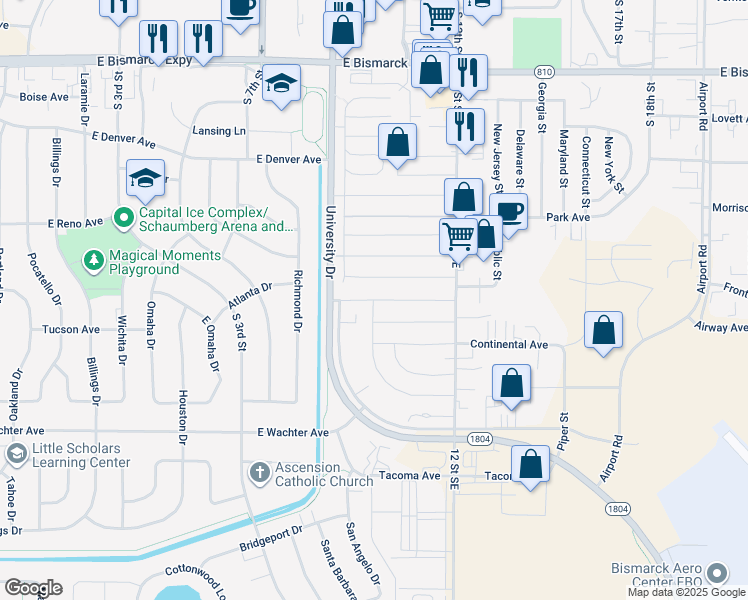 map of restaurants, bars, coffee shops, grocery stores, and more near 115 American Avenue in Bismarck