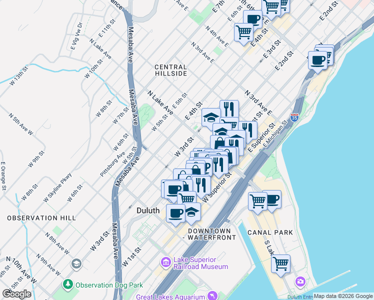 map of restaurants, bars, coffee shops, grocery stores, and more near 23 West 2nd Street in Duluth