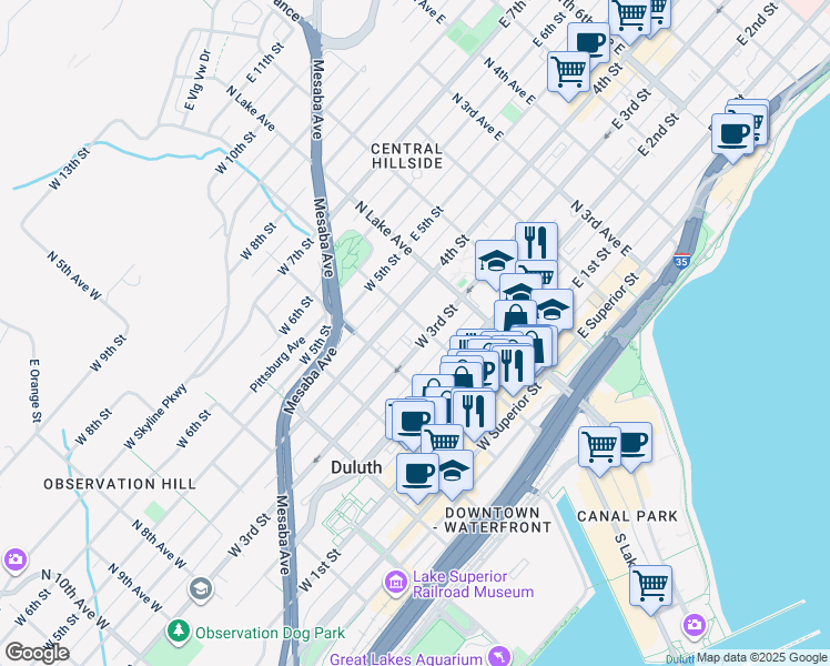 map of restaurants, bars, coffee shops, grocery stores, and more near 113 West 3rd Street in Duluth