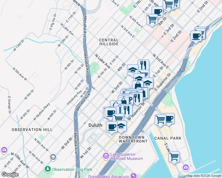 map of restaurants, bars, coffee shops, grocery stores, and more near 113 West 3rd Street in Duluth