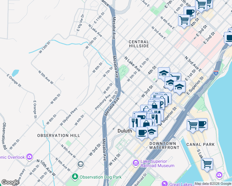 map of restaurants, bars, coffee shops, grocery stores, and more near 211 West 5th Street in Duluth