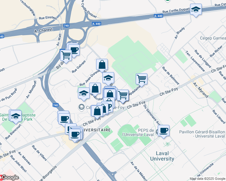 map of restaurants, bars, coffee shops, grocery stores, and more near 791 Avenue Nérée Tremblay in Québec