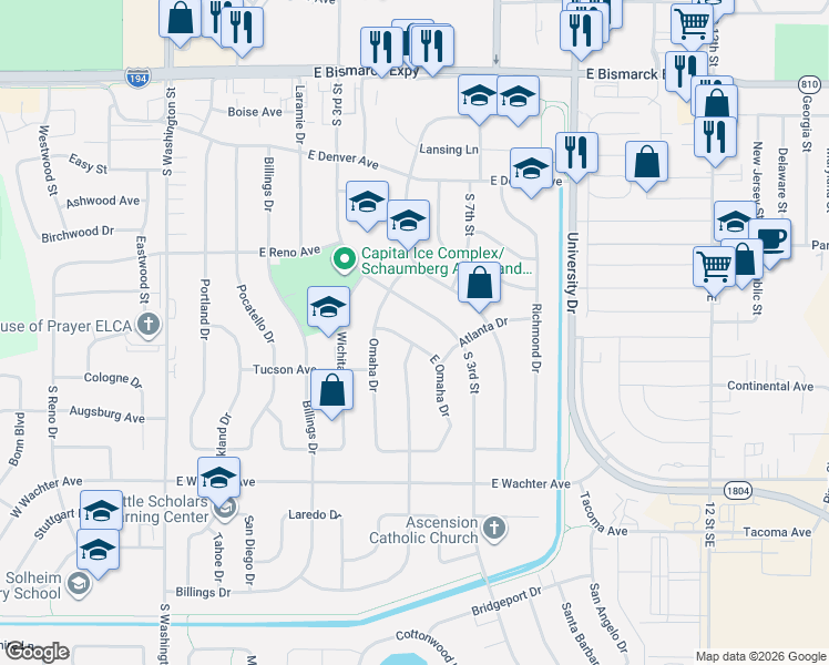 map of restaurants, bars, coffee shops, grocery stores, and more near 1553 E Omaha Dr in Bismarck