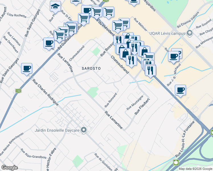 map of restaurants, bars, coffee shops, grocery stores, and more near in Levis