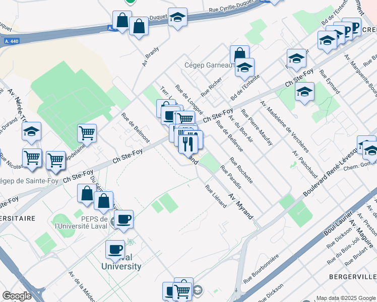 map of restaurants, bars, coffee shops, grocery stores, and more near 833 Avenue Myrand in Québec