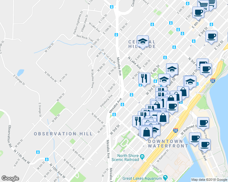 map of restaurants, bars, coffee shops, grocery stores, and more near 221 Pittsburg Avenue in Duluth