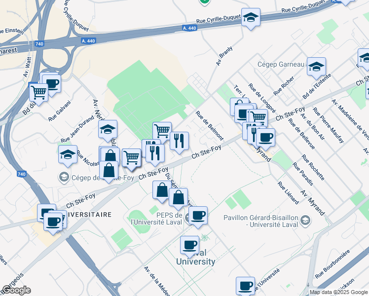 map of restaurants, bars, coffee shops, grocery stores, and more near 2202 Rue Mackay in Ville de Québec