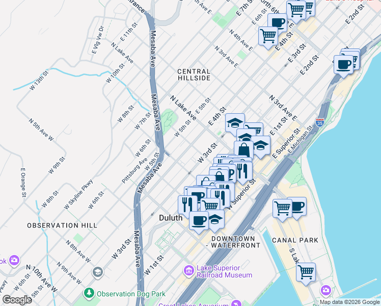 map of restaurants, bars, coffee shops, grocery stores, and more near 122B West 4th Street in Duluth