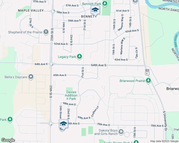 map of restaurants, bars, coffee shops, grocery stores, and more near 2059 65th Avenue South in Fargo