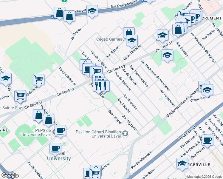map of restaurants, bars, coffee shops, grocery stores, and more near 831 Rue Paradis in Ville de Québec