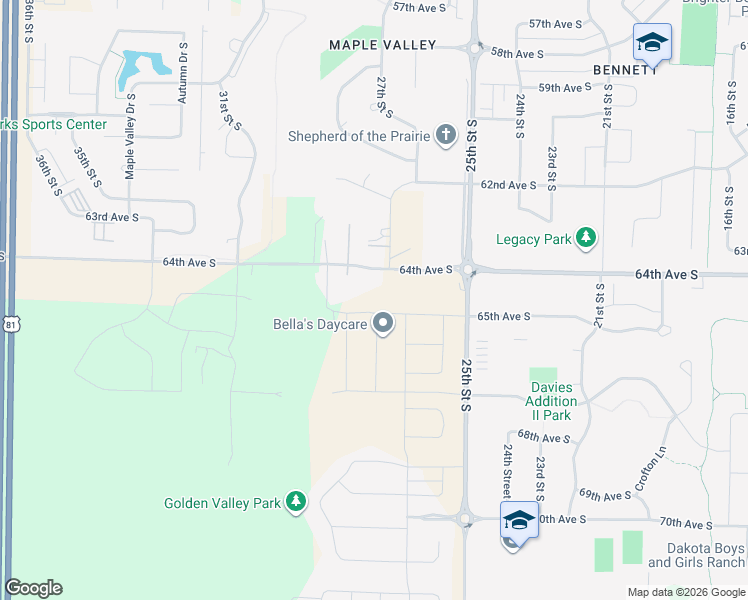 map of restaurants, bars, coffee shops, grocery stores, and more near 2705 65th Avenue South in Fargo