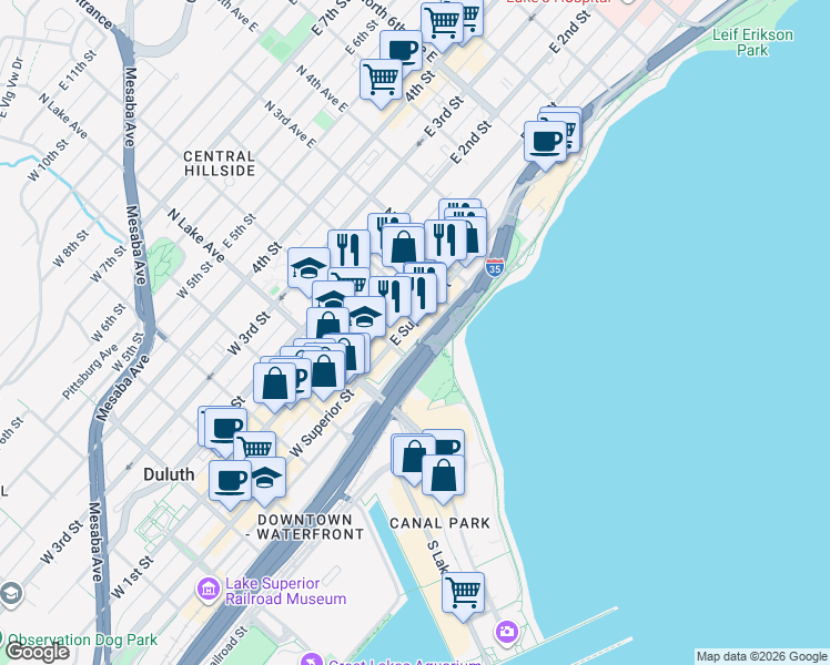 map of restaurants, bars, coffee shops, grocery stores, and more near 118 East Superior Street in Duluth