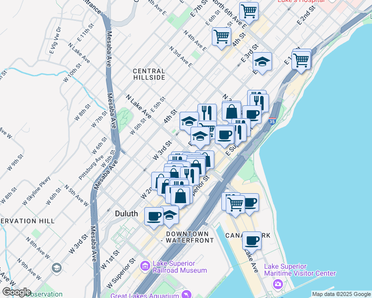 map of restaurants, bars, coffee shops, grocery stores, and more near in Duluth