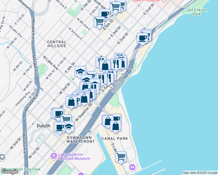map of restaurants, bars, coffee shops, grocery stores, and more near 118 East Superior Street in Duluth