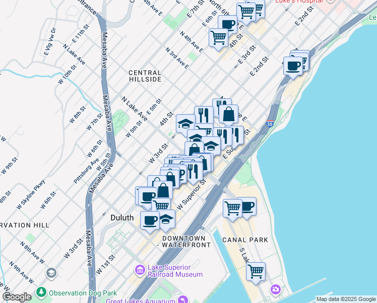map of restaurants, bars, coffee shops, grocery stores, and more near in Duluth