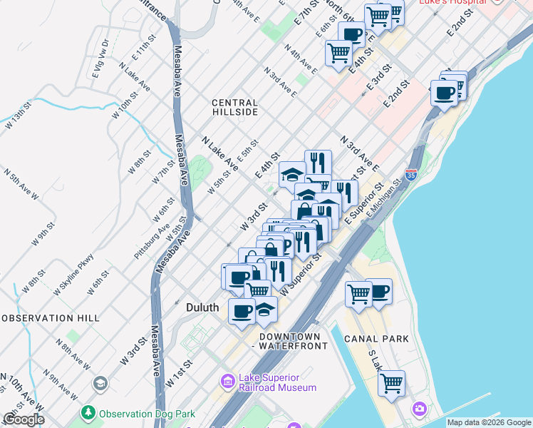 map of restaurants, bars, coffee shops, grocery stores, and more near 23 West 2nd Street in Duluth