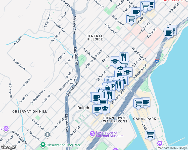 map of restaurants, bars, coffee shops, grocery stores, and more near 113 West 3rd Street in Duluth