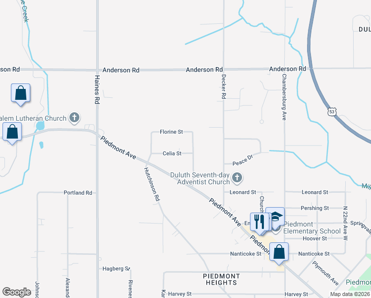 map of restaurants, bars, coffee shops, grocery stores, and more near 3212 Celia Street in Duluth