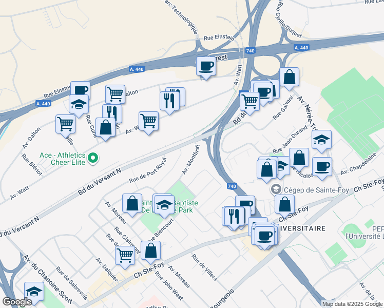 map of restaurants, bars, coffee shops, grocery stores, and more near 2496 Avenue Montbray in Québec