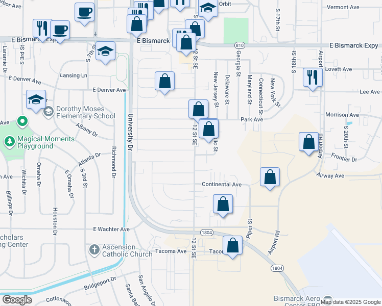map of restaurants, bars, coffee shops, grocery stores, and more near 2024 10th Avenue in Bismarck