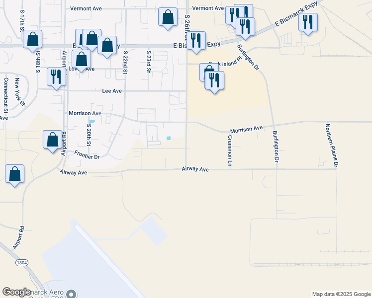 map of restaurants, bars, coffee shops, grocery stores, and more near 1414 South 26th Street in Bismarck
