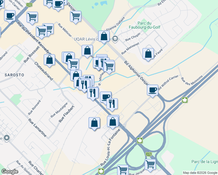 map of restaurants, bars, coffee shops, grocery stores, and more near 5620 Rue J.-B.- Michaud in Lévis