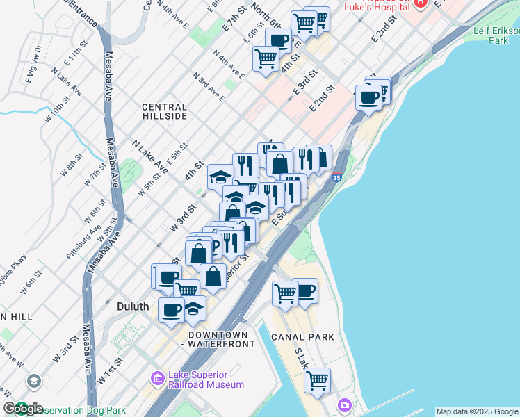 map of restaurants, bars, coffee shops, grocery stores, and more near in Duluth