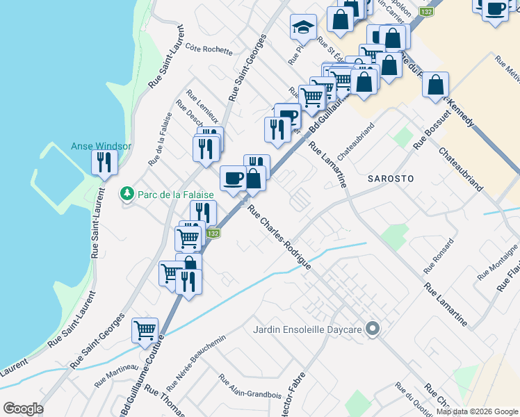 map of restaurants, bars, coffee shops, grocery stores, and more near 4950 Boulevard Guillaume-Couture in Lévis