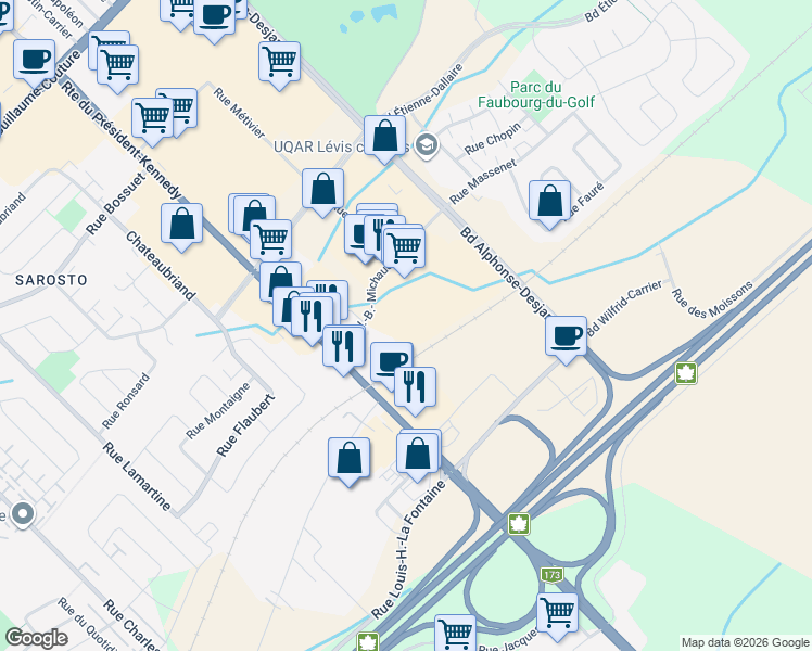 map of restaurants, bars, coffee shops, grocery stores, and more near 5620 Rue J.-B.- Michaud in Lévis