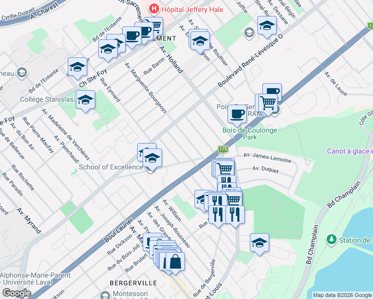 map of restaurants, bars, coffee shops, grocery stores, and more near 1130 Avenue Rodolphe-Forget in Québec