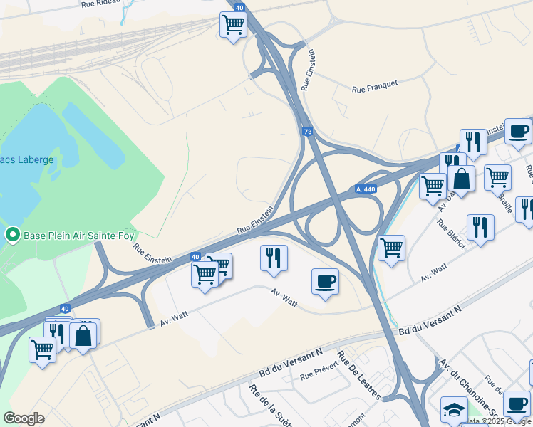 map of restaurants, bars, coffee shops, grocery stores, and more near 2900 Rue Einstein in Québec