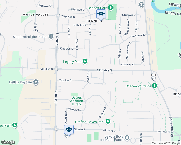 map of restaurants, bars, coffee shops, grocery stores, and more near 2059 65th Avenue South in Fargo