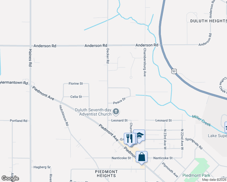 map of restaurants, bars, coffee shops, grocery stores, and more near 2535 Peace Drive in Duluth