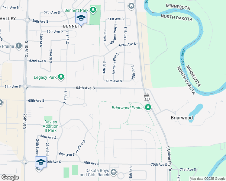 map of restaurants, bars, coffee shops, grocery stores, and more near 6411 15th St S in Fargo