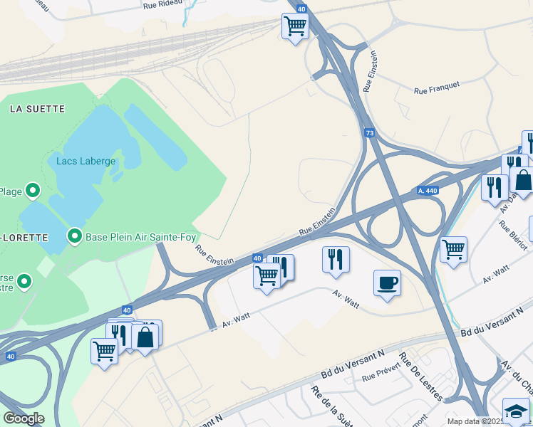 map of restaurants, bars, coffee shops, grocery stores, and more near 2900 Rue Einstein in Québec