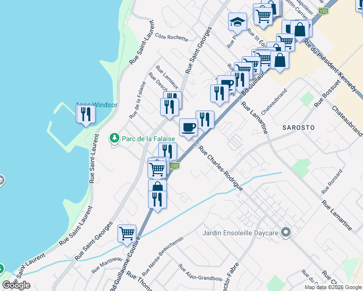 map of restaurants, bars, coffee shops, grocery stores, and more near 13 Rue Francine in Lévis