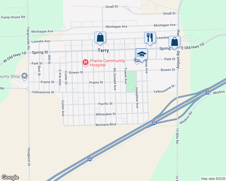 map of restaurants, bars, coffee shops, grocery stores, and more near Prairie Street in Terry