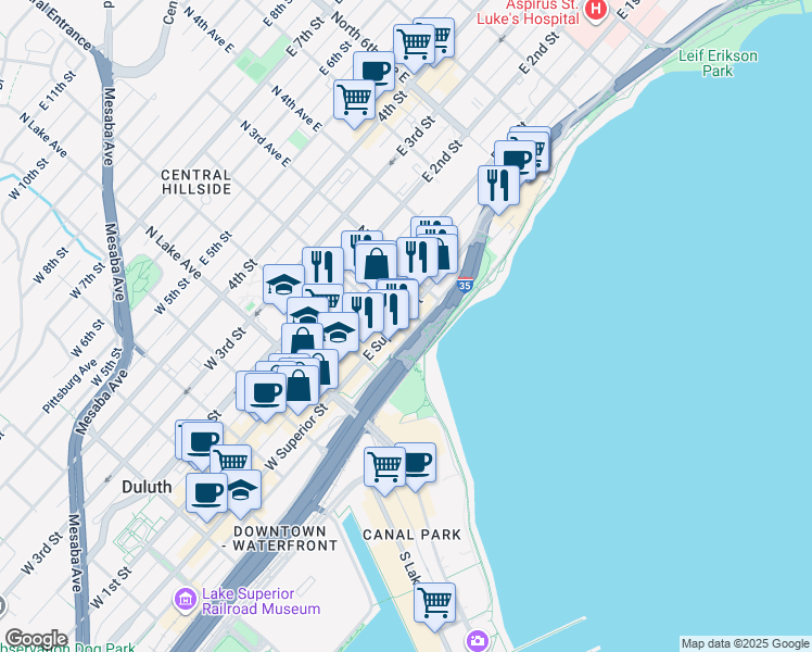 map of restaurants, bars, coffee shops, grocery stores, and more near 211 East Superior Street in Duluth