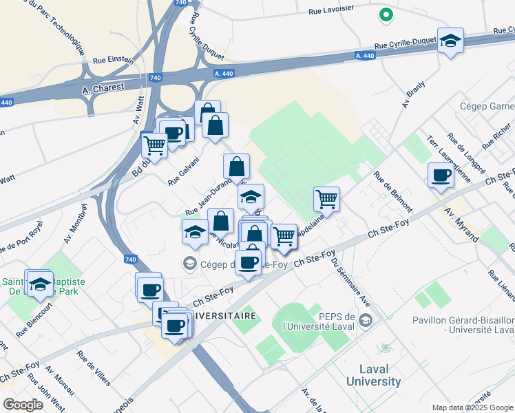 map of restaurants, bars, coffee shops, grocery stores, and more near 775 Avenue Nérée Tremblay in Ville de Québec