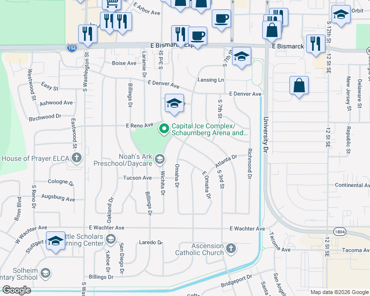 map of restaurants, bars, coffee shops, grocery stores, and more near 1351-1399 South 3rd Street in Bismarck